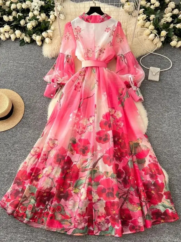 Spring Summer Holiday Gorgeous Flower Organza Dress Womens Notched Long Lantern Sleeve Pearls Belt Boho Floor Length Robe 250827