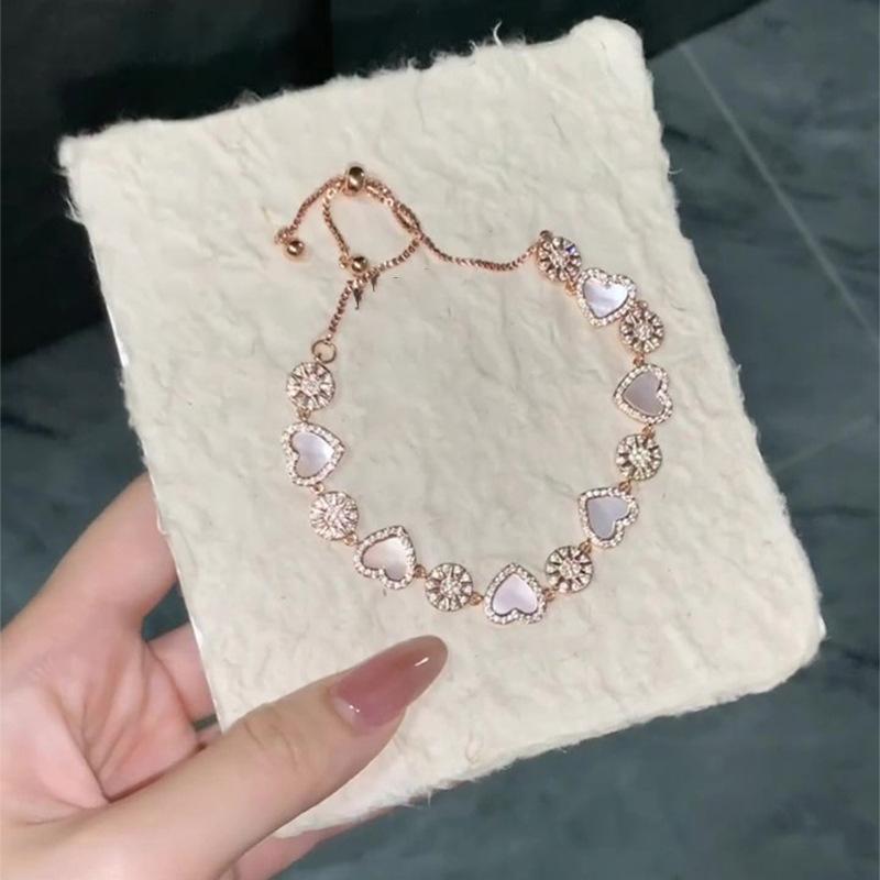 Rose - Gold - Toned Bracelet, Heart - Shaped Mother - of - Pearl & Flower - Embellished CZ Details, Romantic Charm for Daily or Elegant Styles, Adjust