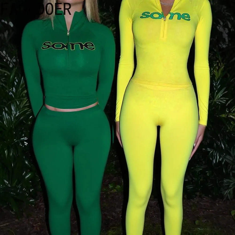 FAGADOER Y2K Streetwear Fashion Letter Print 2 Pieces Set for Woman Zipper Long Sleeves Top and Pants Female Clothing Summer 250827