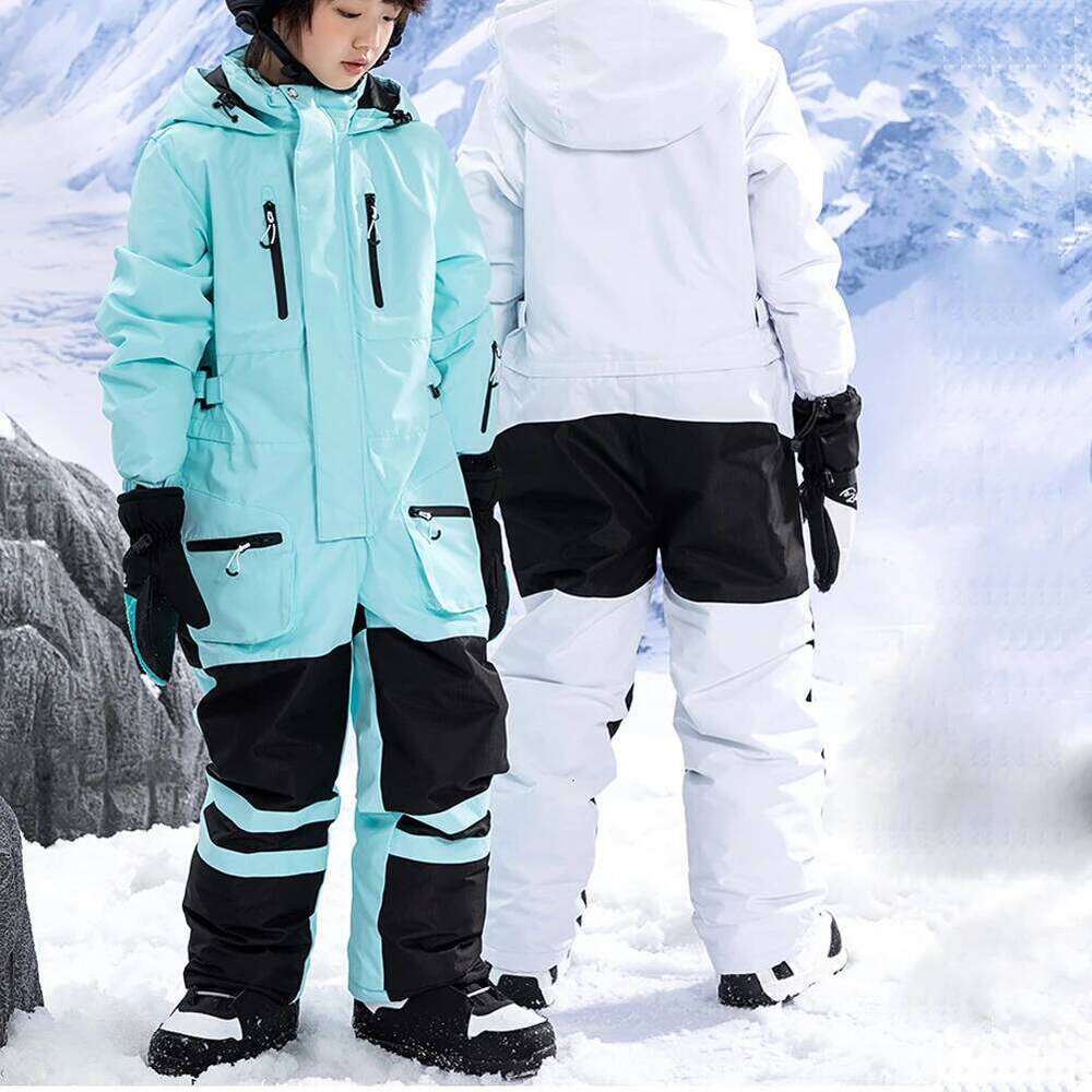 One-Piece Girls Snowboarding Suits Boys Hooded Windproof Warm Skiing Clothes Kids Winter Skiwear Thick Conjoined Snowwear