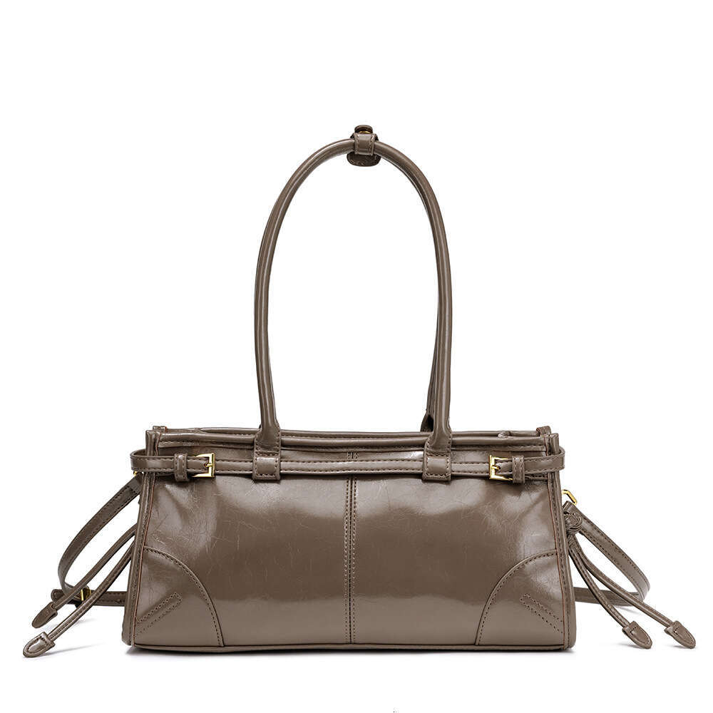 New Soft Lux Boston Baguette Retro Motorcycle Style Top Layer Oil Wax Leather Women's Crossbody Shoulder Bag