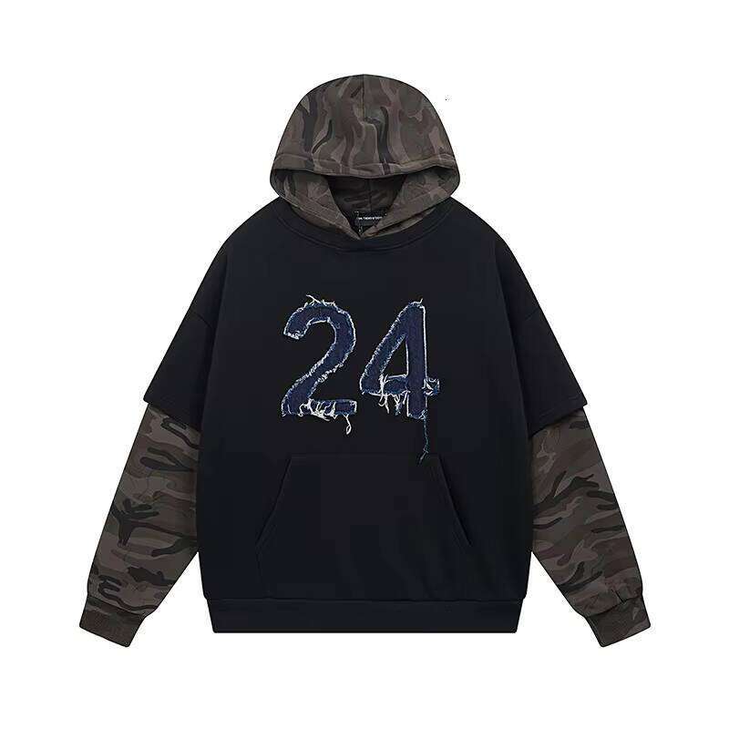 Autumn Winter Men's Retro Style Two-Piece Spliced Camouflage Fleece Hoodies Embroidered Loose Pullover Letter Sweatshirts
