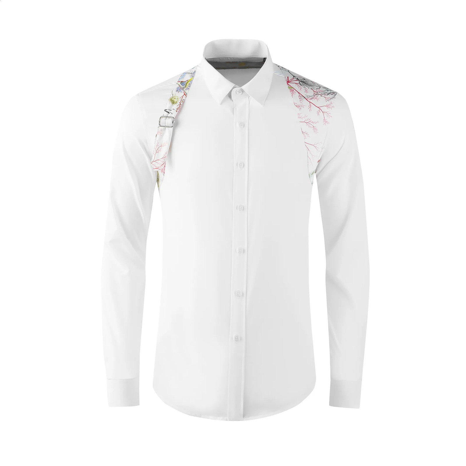 Fashion Shoulder Strap Splicing Long Sleeved Mens Shirt Cargo Casual Daily Shirts Slim Fit Cotton Business Party Social Tops 250828 - view 3