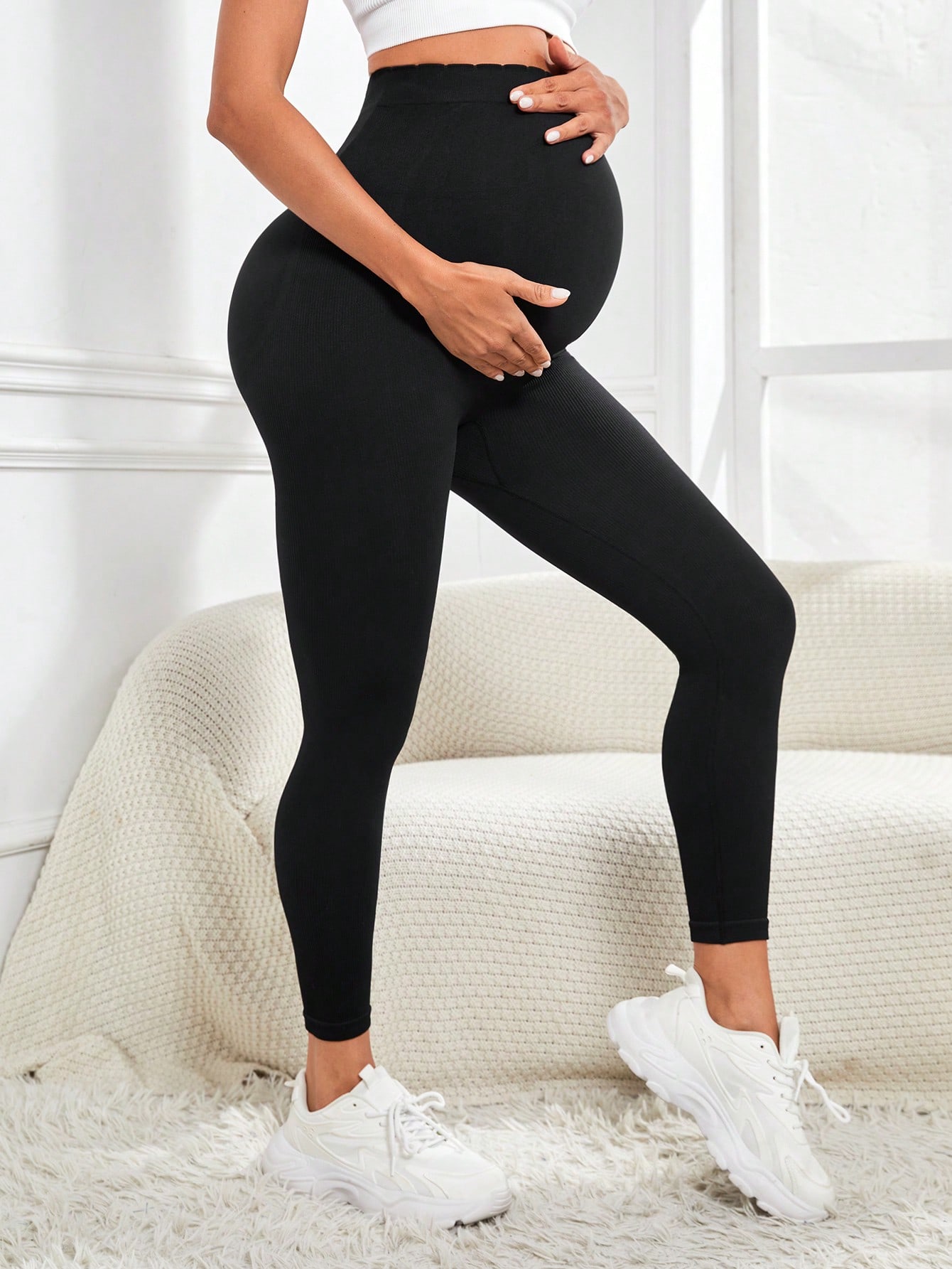 Solid Color Maternity Pants For Pregnant Women, High Waist Belly Support Trousers,Soft Workout Activewear Yoga Pregnancy Pants