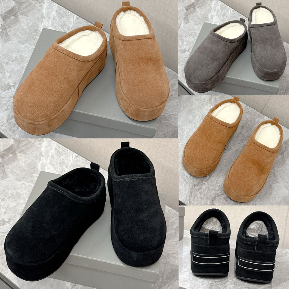 Designer womens alaska soft platform mule in black calfskin warm wool lining 825258 signature logo at back Indoor Outdoor Casual Luxury Winter Mule new suede mules