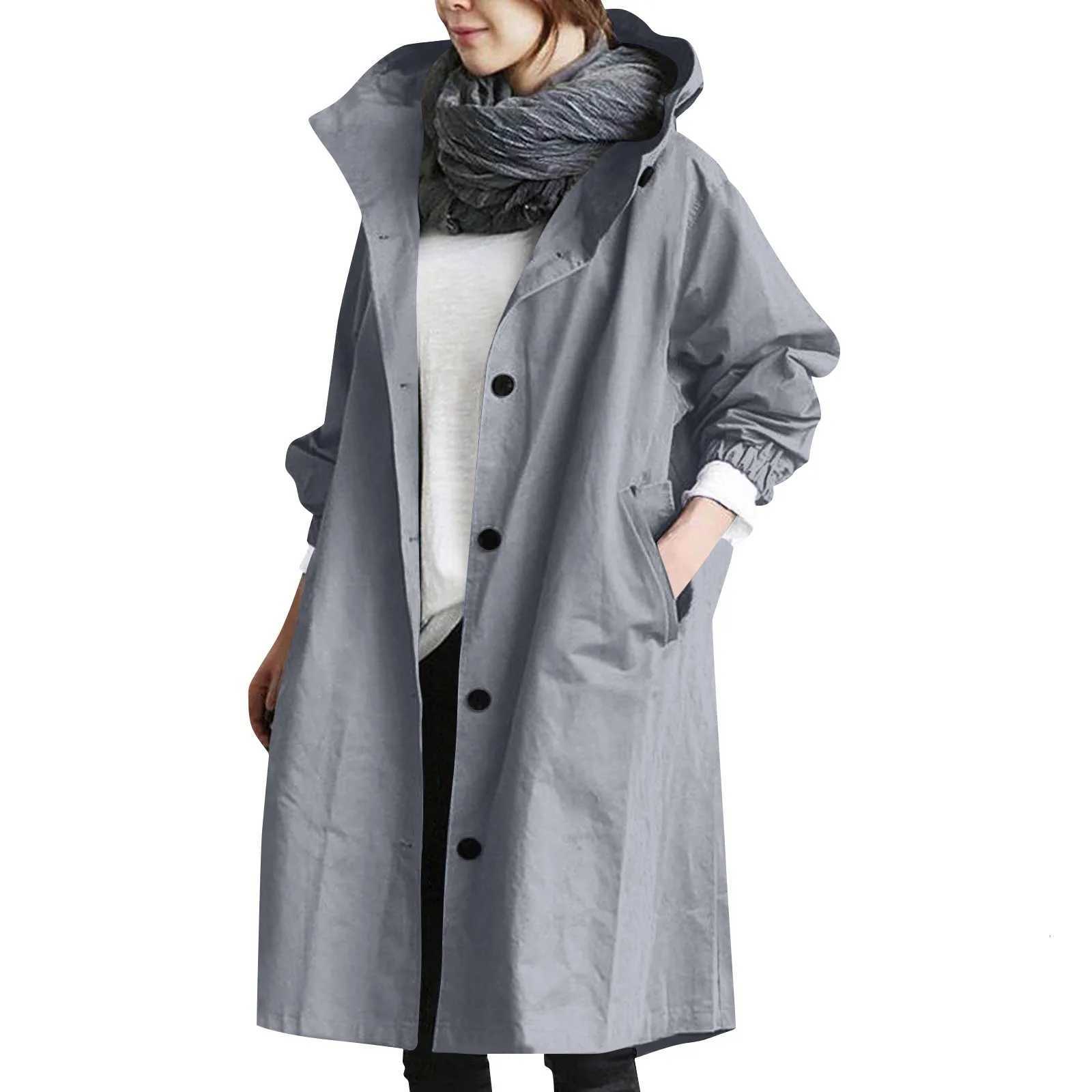 Trendy Womens Long Trench Coat Womens Solid Color Elegant Windbreaker Loose Comfortable Hooded Temperament Ladies Raincoat Z250828