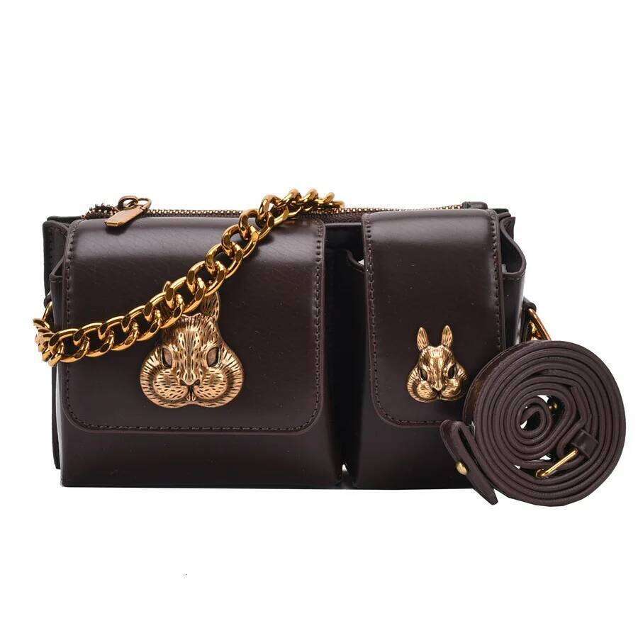 Brand Designer PU Leather Women's Shoulder Retro Chain Metal Rabbit Crossbody Bag Flap Handbag