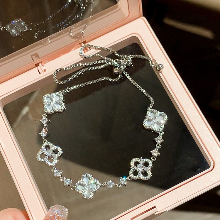 Silver - Toned Clover - Shaped Bracelet, CZ - Encrusted & Sparkling Accents, Timeless Elegance for Daily or Sophisticated Looks, Dainty Jewelry Access