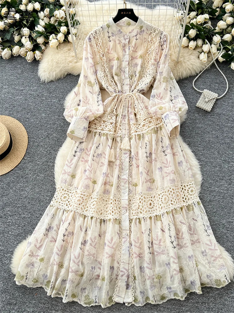 SINGREINY Senior Floral Long Dresses Women Lantern Sleeve O Neck Lace Up Single Breasted High Quality Court Print Dress 250827