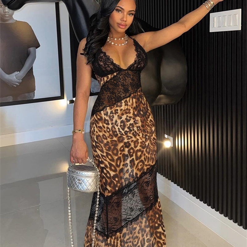 Weird Puss Mesh Patchwork Mermaid Dress Women Leopard Print Sexy LowNeck Cleavage Backless Ruched Midnight Fashion Long Bodycon 250828