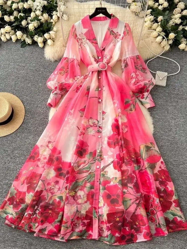 Spring Summer Holiday Gorgeous Flower Organza Dress Womens Notched Long Lantern Sleeve Pearls Belt Boho Floor Length Robe 250827
