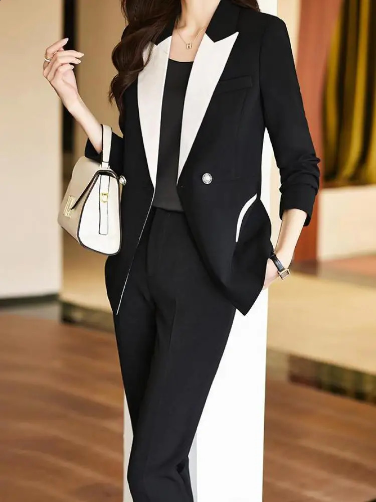 Korean Black White Patchwork Blazer Jacket And Suit Pant Spring Autumn Office Lady Elegant 2 Piece Sets Women High End Outfits 250827