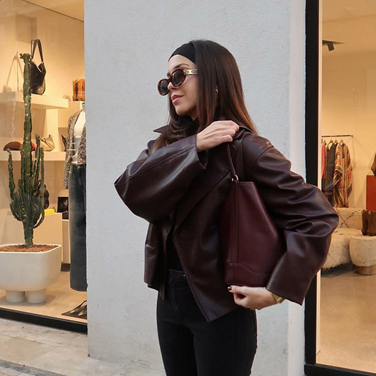 Fashion Double Breasted Burgundy Color Leather Jackets Women Chic Cropped Oversized Solid Coats Lady High Streetwear 241106