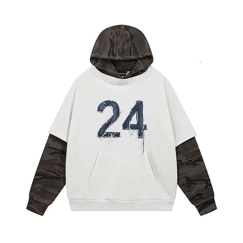 Autumn Winter Men's Retro Style Two-Piece Spliced Camouflage Fleece Hoodies Embroidered Loose Pullover Letter Sweatshirts
