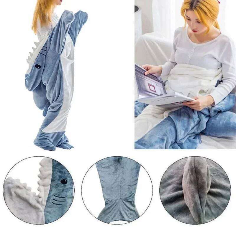 Cartoon Pamas Sleeping Bag Robe Shark Blanket Megalodon Gown Adult Homewear Plaid Comfy Bathrobe Wearing a blanket