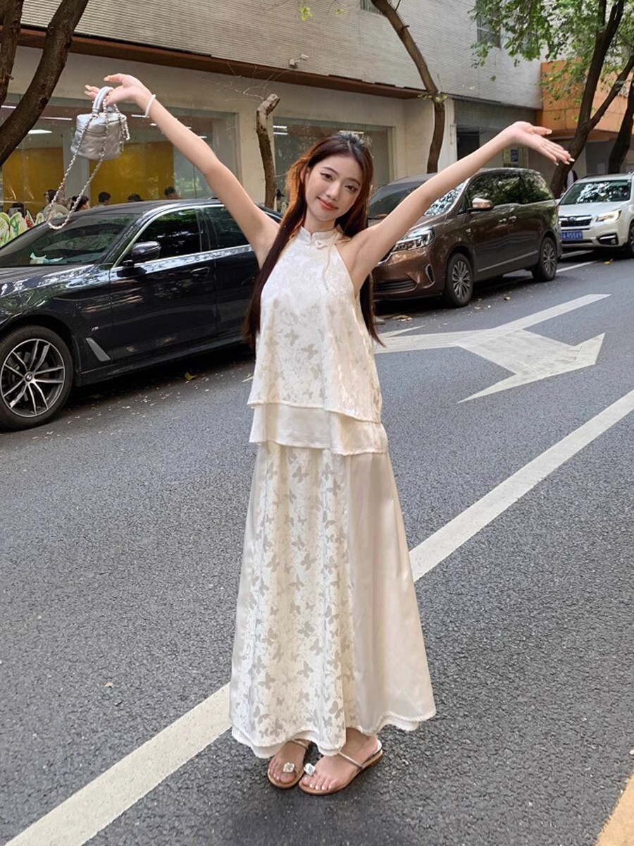 New Chinese Style National Style Cheongsam Cool Zen Style Outfit Set Halter Neck Top Half Skirt Set for Women Summer