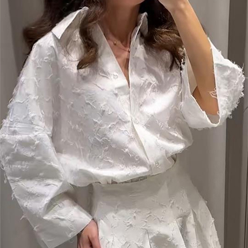 Two Piece Set Of Fringed Texture Shirt Top ALine Skirt Women Silhouette Blouse Baggy Cinched Waist Pleated Long Skirts Suit 250827