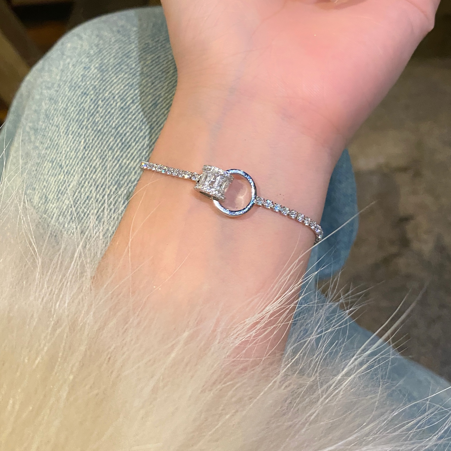 Gold - Toned CZ - Encrusted Bracelet, Square - Cut Stone & Ring Accent, Sleek Glam for Daily or Evening Styles, Chic Jewelry Accessory