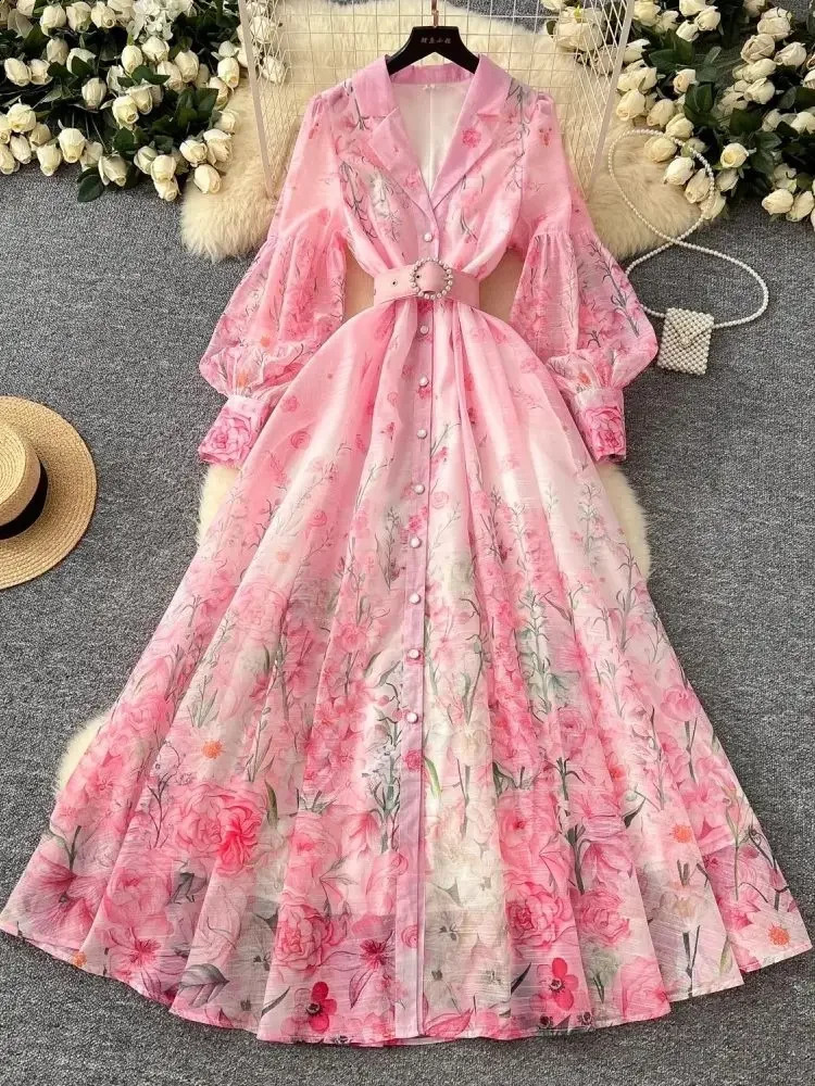 Spring Summer Holiday Gorgeous Flower Organza Dress Womens Notched Long Lantern Sleeve Pearls Belt Boho Floor Length Robe 250827