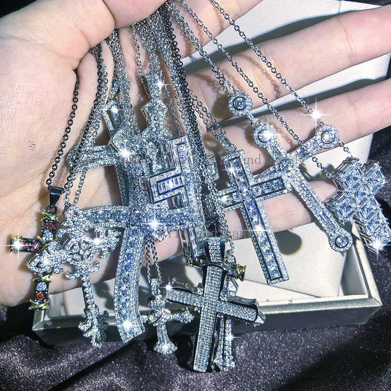 Cubic Zircon Jesus Cross Pendant Necklace Charm Designer Jewelry Chain Sterling Silver Filled Moissanite Crystal Diamond Necklaces for Woman Man Gift Fine Jewelry