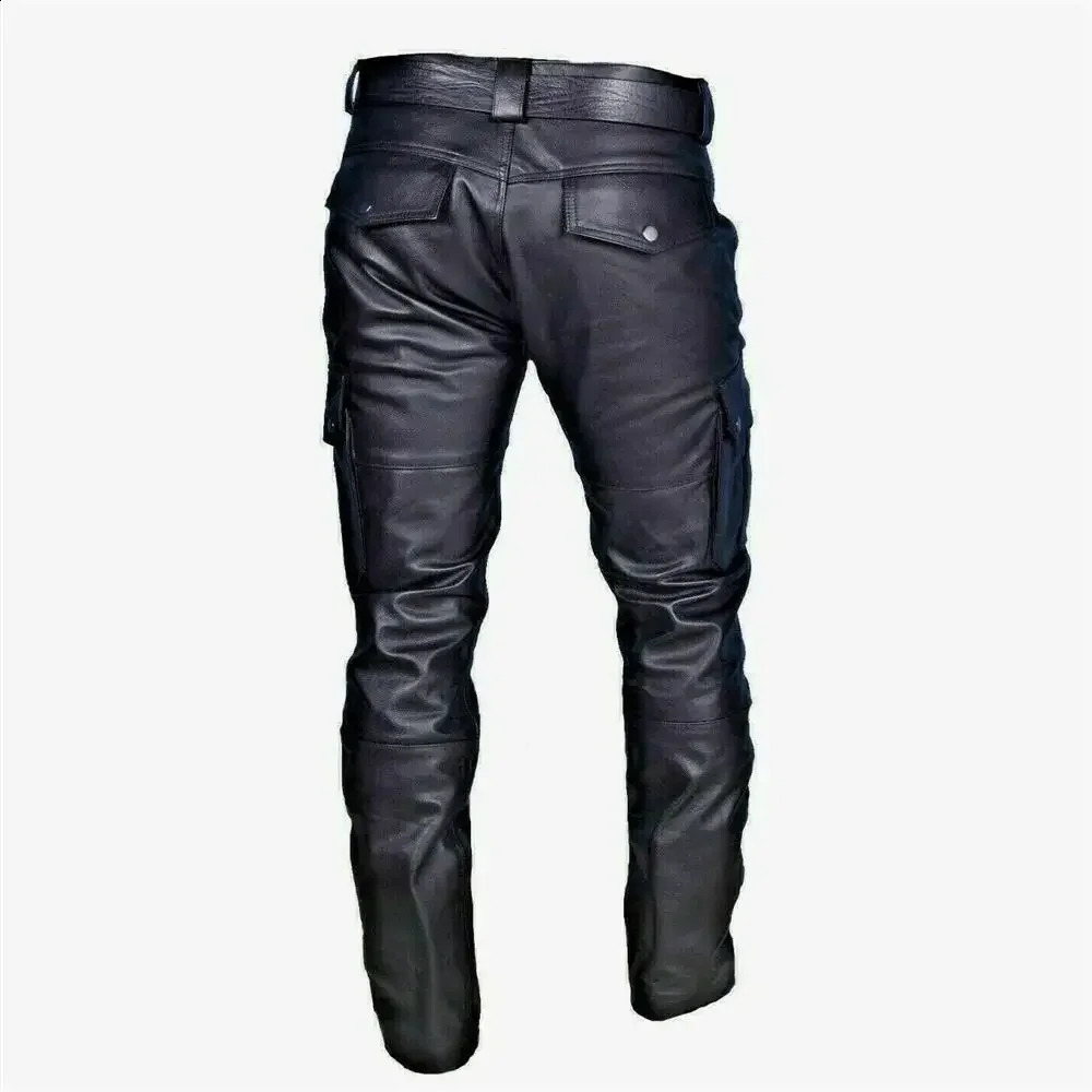 Mens Leather Motorcycle Pants with Cargo Pockets Black PU Pants No Belt Men Trousers Big Size S5XL 250827