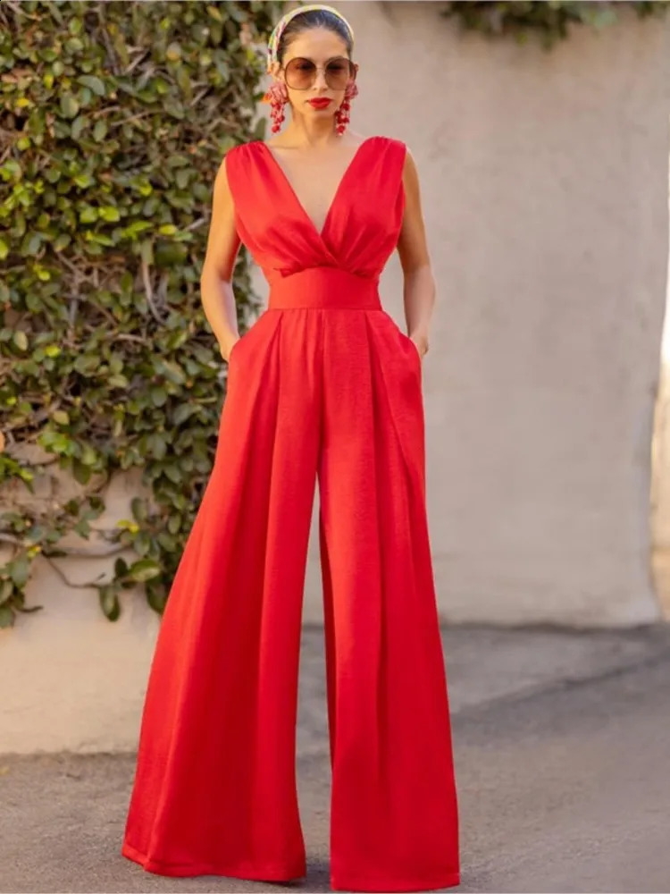 Jumpsuit Women Summer Sleeveless Sexy Deep Vneck Solid Color High Waist Wide Leg Jumpsuits Elegant Commuting Lady Playsuits 250827
