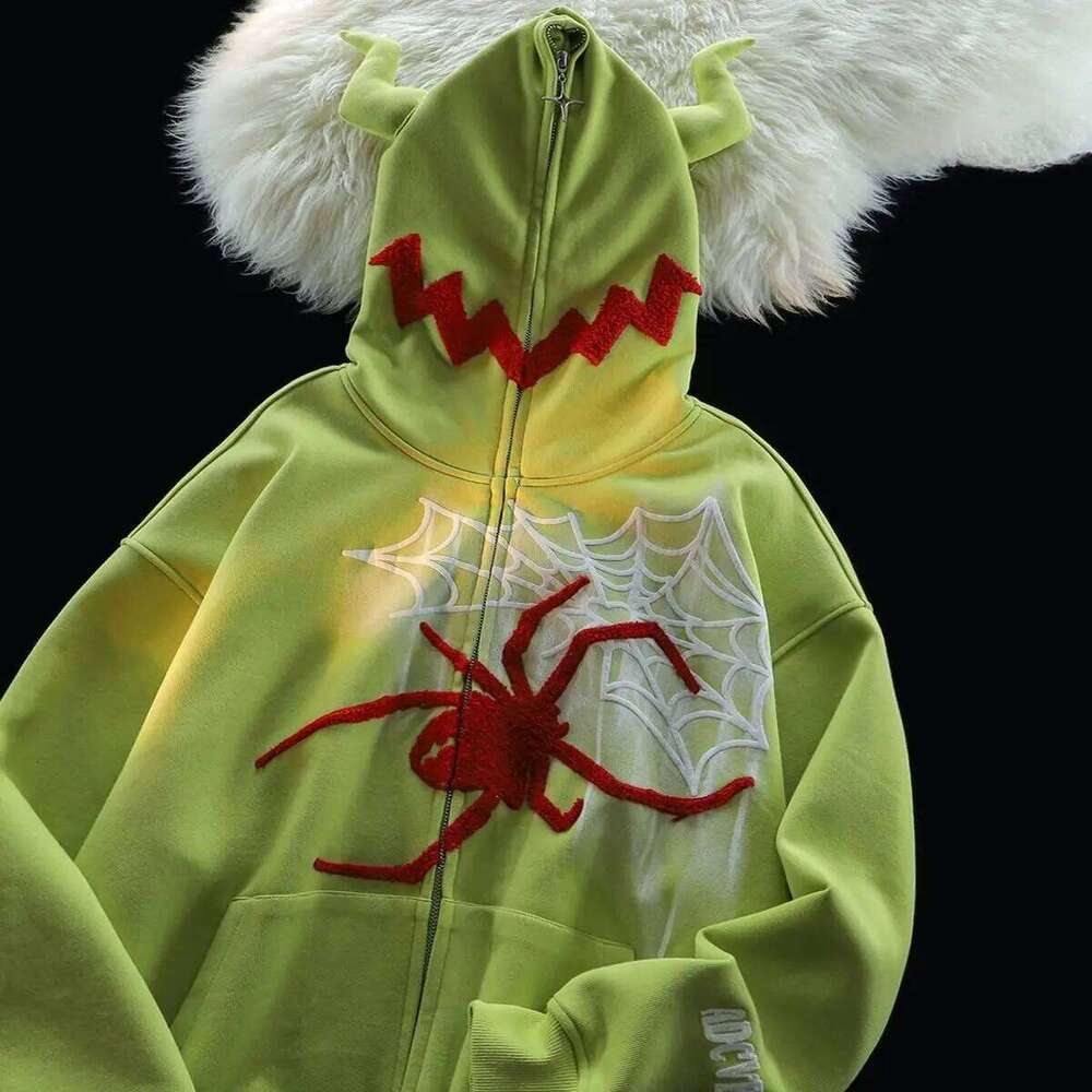 Y2k Zipper Up Haruku Hip Hop Graphics Embroidered Devil Horns Hoodie Sweatshirt Mens Womens New Gothic Jacket Coats