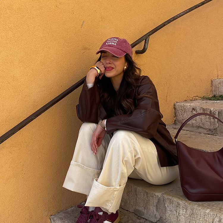 Fashion Double Breasted Burgundy Color Leather Jackets Women Chic Cropped Oversized Solid Coats Lady High Streetwear 241106