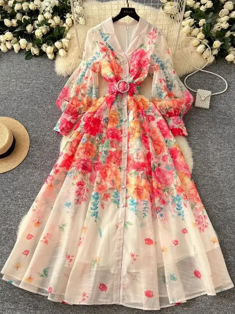 Spring Summer Holiday Gorgeous Flower Organza Dress Womens Notched Long Lantern Sleeve Pearls Belt Boho Floor Length Robe 250827