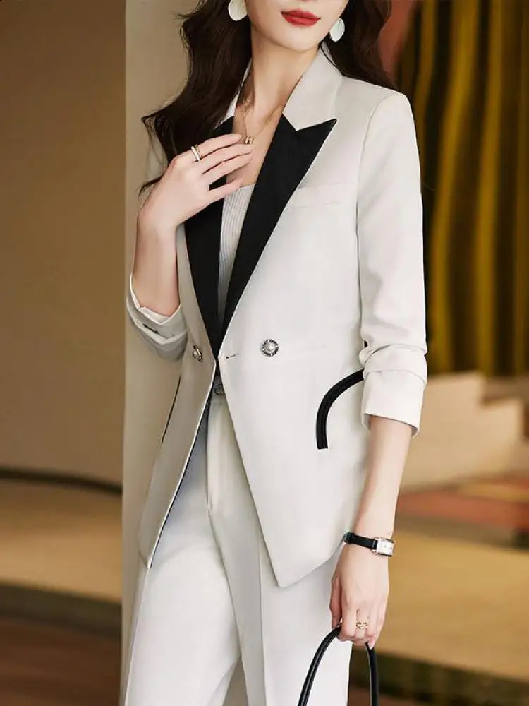 Korean Black White Patchwork Blazer Jacket And Suit Pant Spring Autumn Office Lady Elegant 2 Piece Sets Women High End Outfits 250827