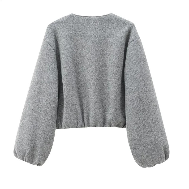 TRAF Outerwears Cropped Bomber Jacket Women Autumn Long Sleeve Faux Wool Coats For Woman Winter Zip Up Gray Beige Short y250827