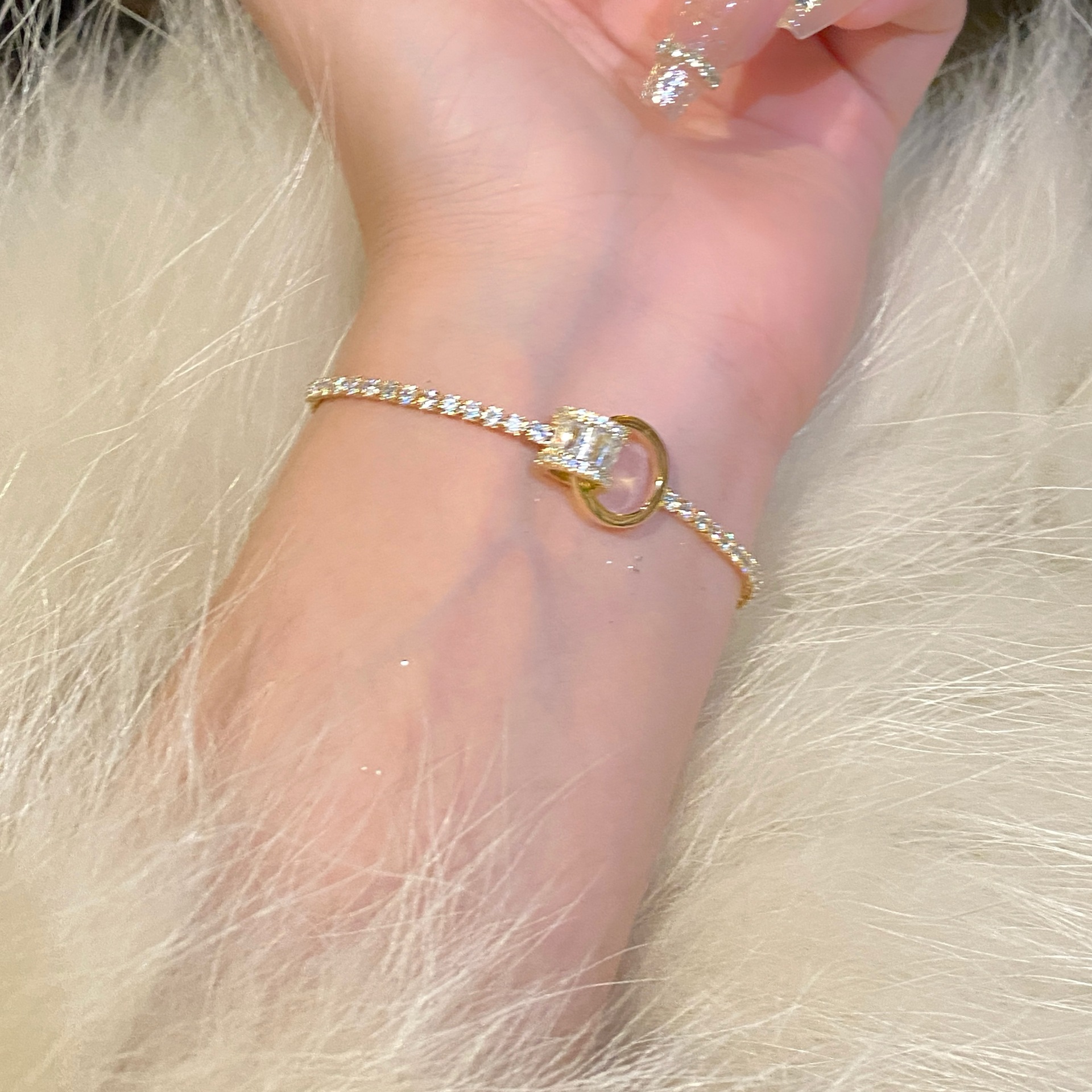 Gold - Toned CZ - Encrusted Bracelet, Square - Cut Stone & Ring Accent, Sleek Glam for Daily or Evening Styles, Chic Jewelry Accessory