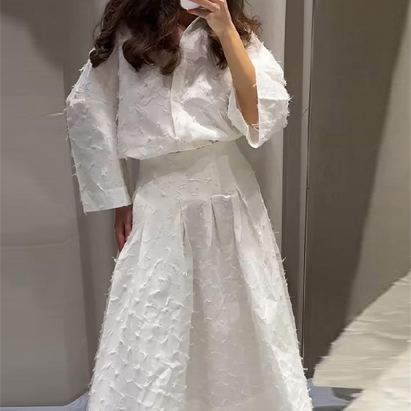 Two Piece Set Of Fringed Texture Shirt Top ALine Skirt Women Silhouette Blouse Baggy Cinched Waist Pleated Long Skirts Suit 250827