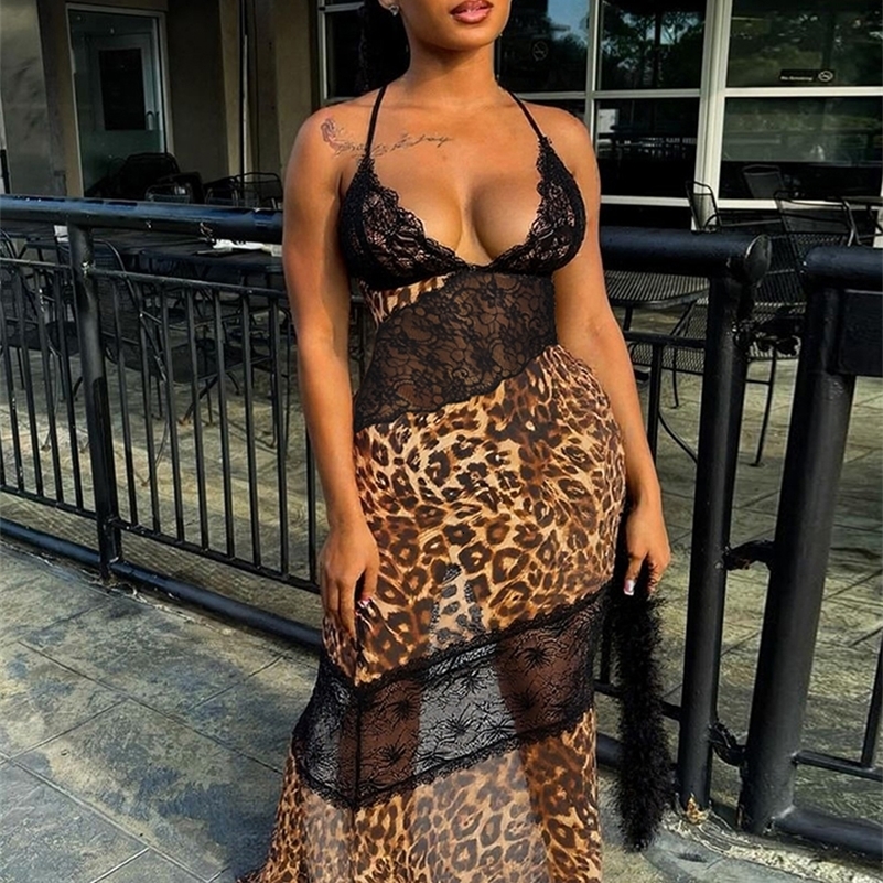 Weird Puss Mesh Patchwork Mermaid Dress Women Leopard Print Sexy LowNeck Cleavage Backless Ruched Midnight Fashion Long Bodycon 250828