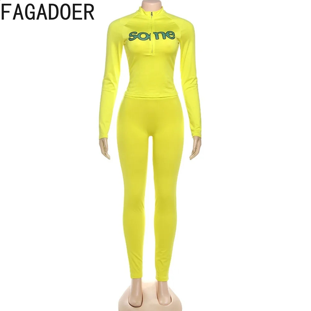 FAGADOER Y2K Streetwear Fashion Letter Print 2 Pieces Set for Woman Zipper Long Sleeves Top and Pants Female Clothing Summer 250827