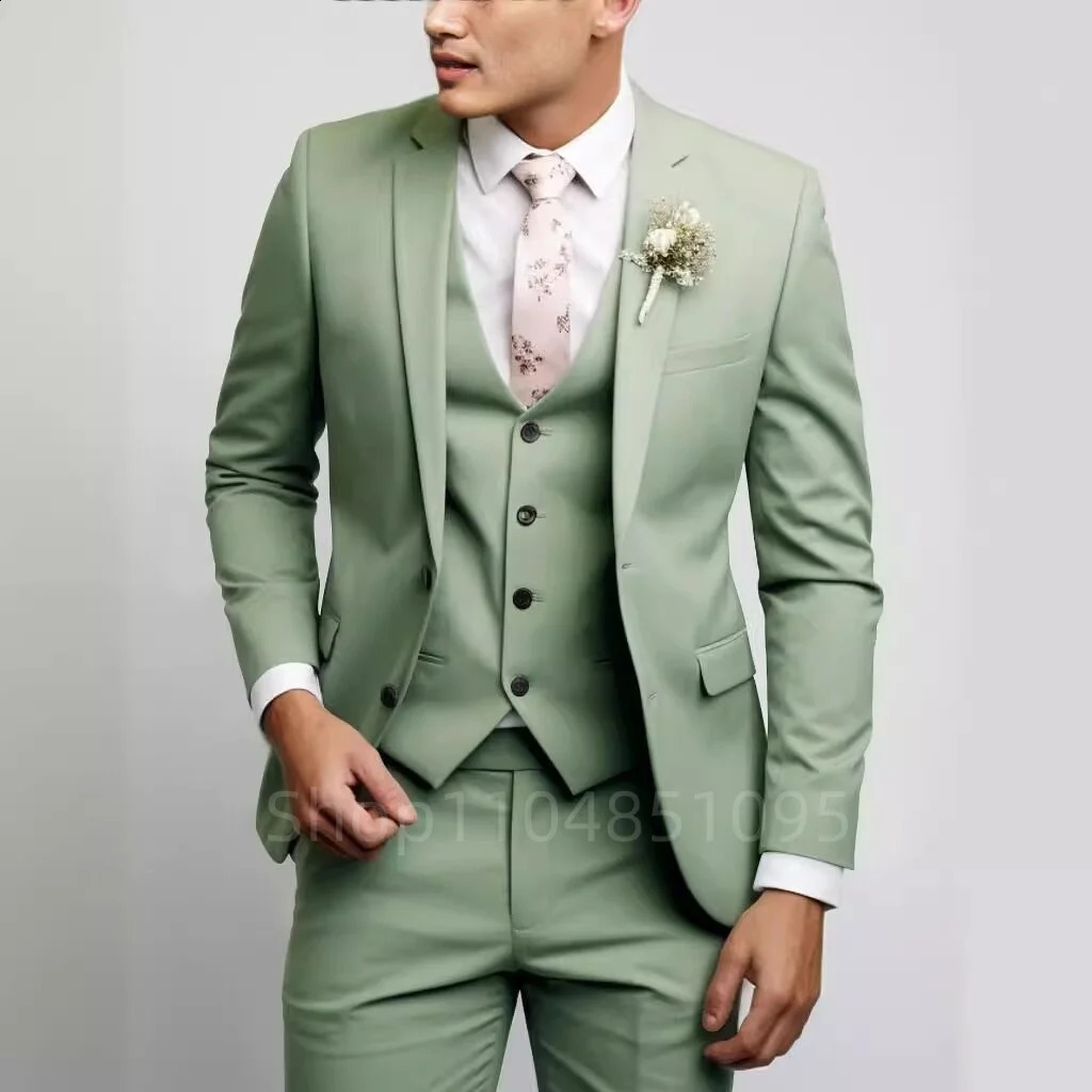 Matcha Green Suits for Men Slim Fit Wedding Tuxedos Fashion Mens Blazer Vest Pants 3 Pieces Foraml Business Suits Sets 250828