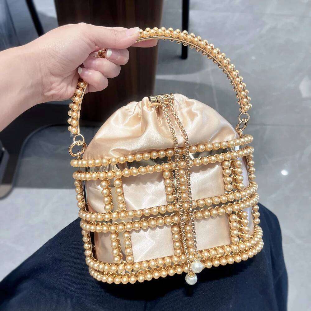 Hollow Out Dia Bucket Evening Clutch Bags Women Top Handle Pearl Beaded Metallic Cage Handbags Ladies Wedding Purse