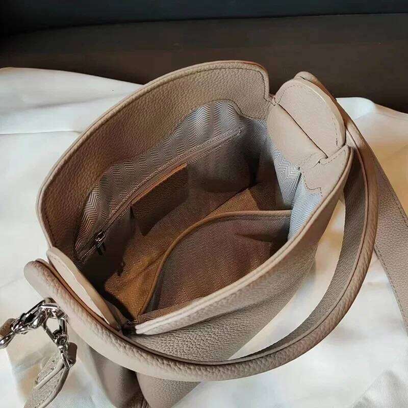 Elegant 100% Natural Togo Cowhide Leather Tote Wide Straps Female Shoulder Grey Black Doctor Bag Girl Handbag