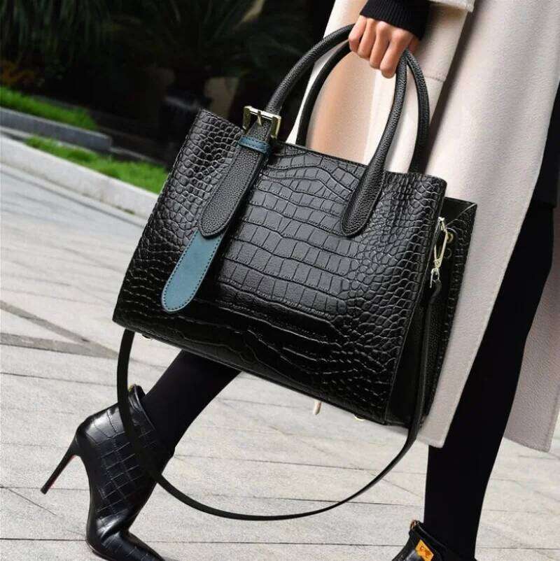 PU Leather Women's Alligator Print Handbag Stylish Zipper Two-Hand Handle Handbag - Perfect For Work And Office Use