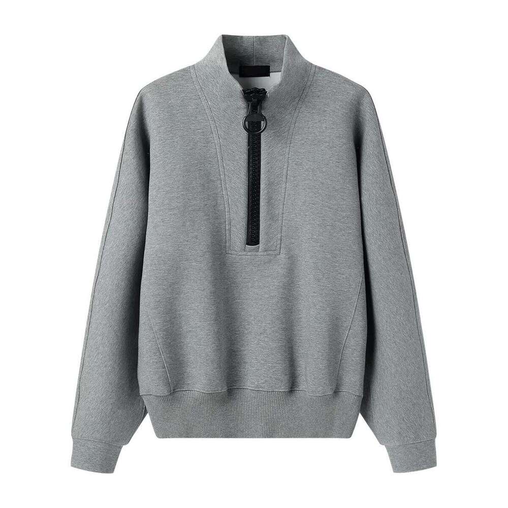 2025 Unisex Korean Style Deconstructed Design Gray Half-Zip Long Sleeve Pullover Sweatshirt Hooded Collar for Autumn Printed