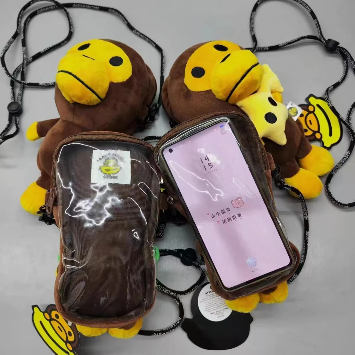 Japan Monkey Mobile Bag Transparent Surface Cartoon Figure Shoulder Bag Monkey Holding Bananas Plush Toys Coin Purse Kids Gifts 250828