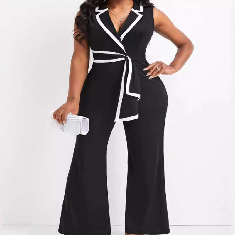 Womens Overalls Outfits Full Length Fashion Summer V Neck Elegant Sleeveless Office Lady Jumpsuit Wide Leg Pants 250827