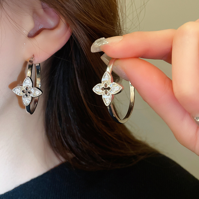 Silver - Toned Floral Hoop Earrings, CZ - Encrusted Flower Detail, Elegant Radiance for Daily or Polished Looks, Graceful Jewelry Accessory