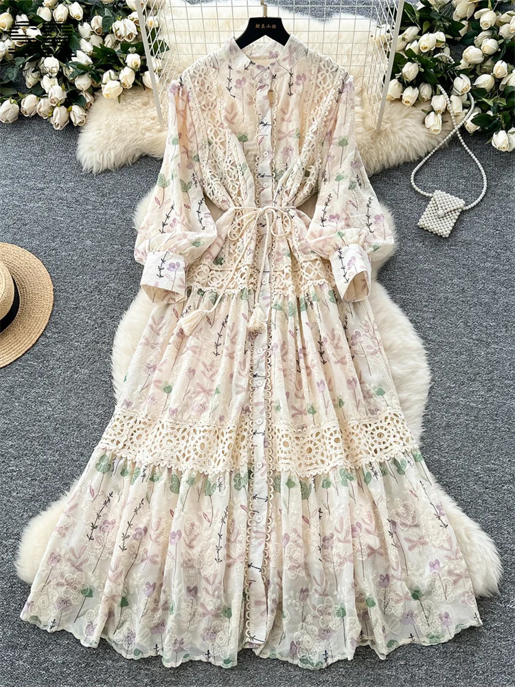 SINGREINY Senior Floral Long Dresses Women Lantern Sleeve O Neck Lace Up Single Breasted High Quality Court Print Dress 250827