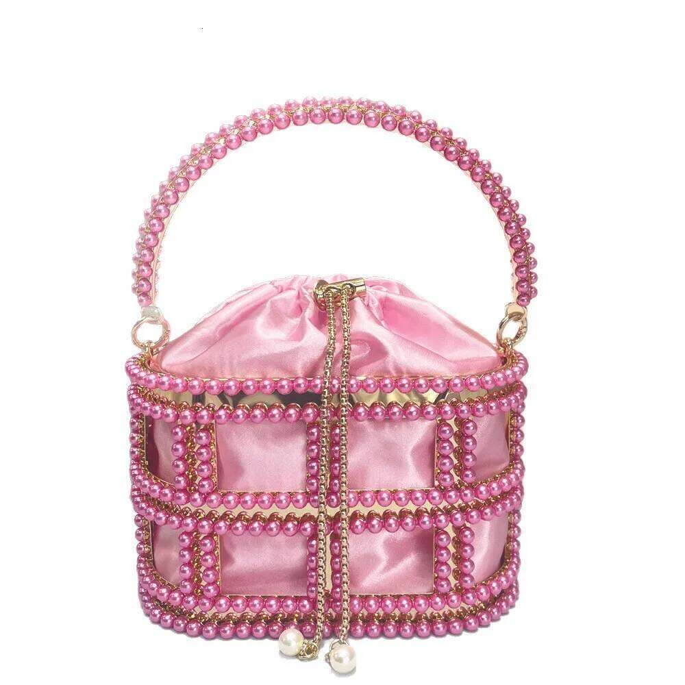 Hollow Out Dia Bucket Evening Clutch Bags Women Top Handle Pearl Beaded Metallic Cage Handbags Ladies Wedding Purse