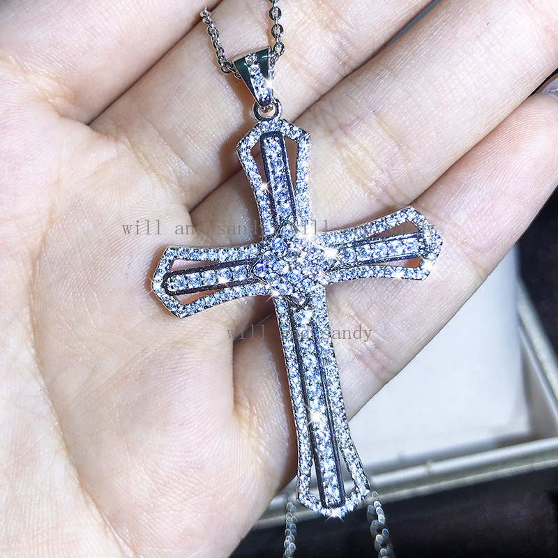 Cubic Zircon Jesus Cross Pendant Necklace Charm Designer Jewelry Chain Sterling Silver Filled Moissanite Crystal Diamond Necklaces for Woman Man Gift 