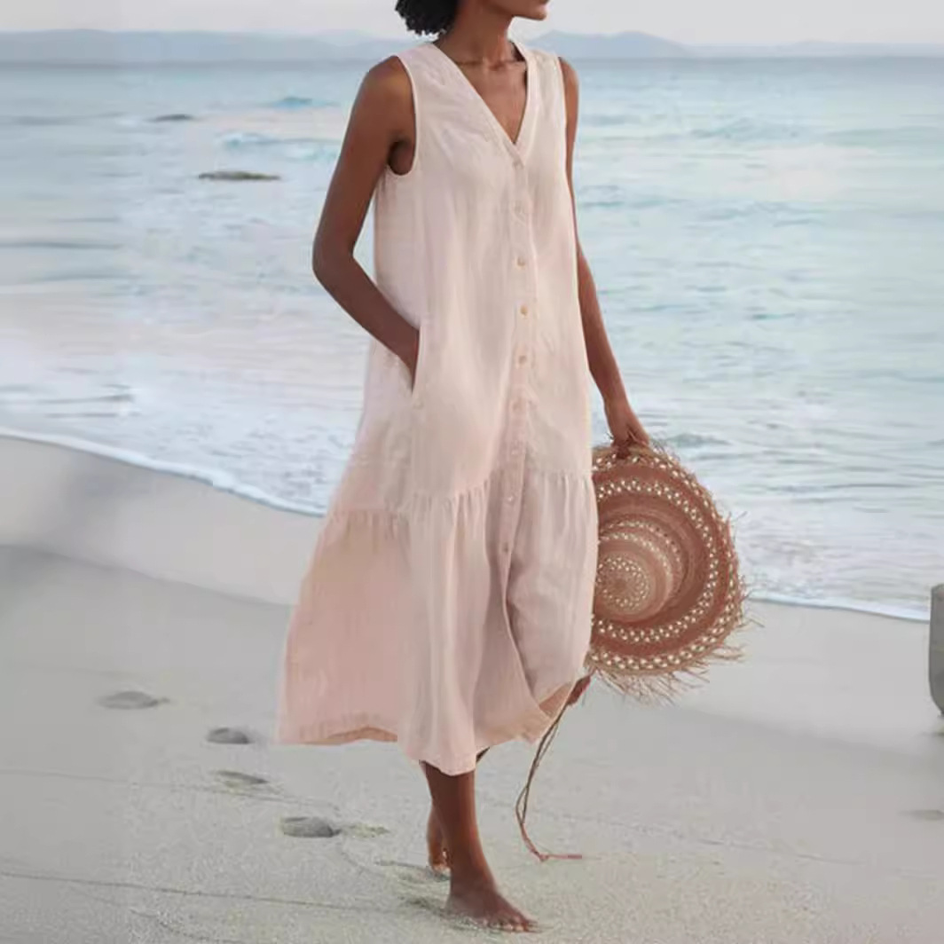 F825Summer foreign trade solid color cotton suspender type temperament commuting trend long skirt loose waist V-neck pink dress