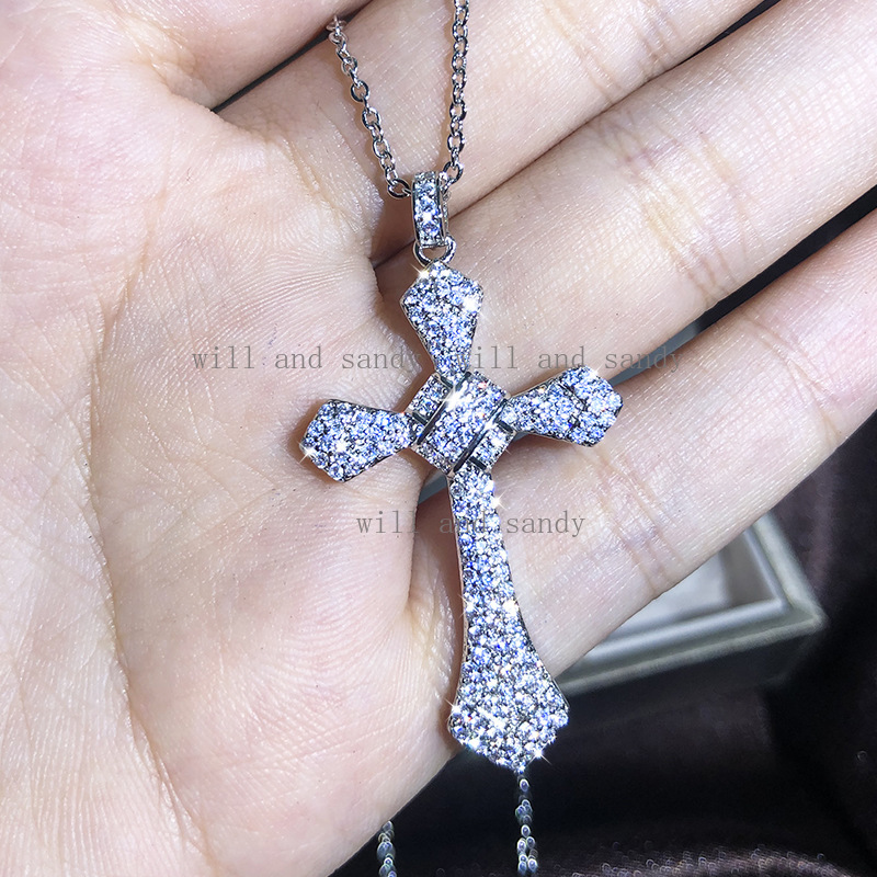 Cubic Zircon Jesus Cross Pendant Necklace Charm Designer Jewelry Chain Sterling Silver Filled Moissanite Crystal Diamond Necklaces for Woman Man Gift 