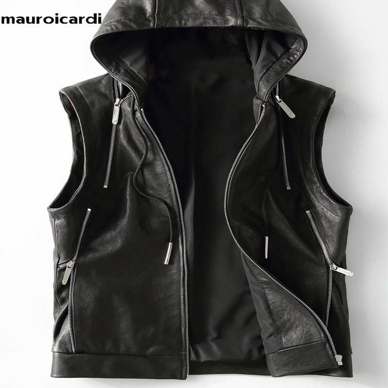 Mauroicardi Spring Autumn y Elegant Cool Black Pu Leather Vest for Men with Hood Zipper Sleeveless Jacket Clothing 250827