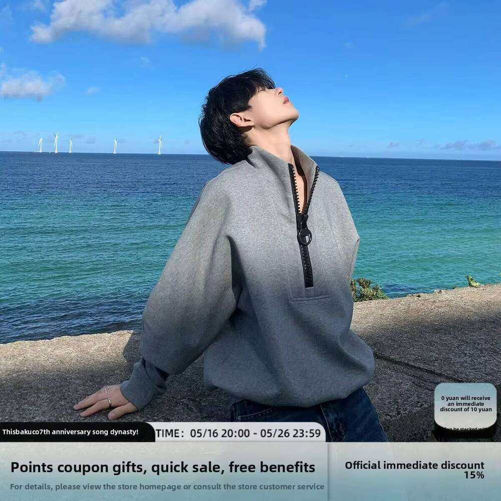 2025 Unisex Korean Style Deconstructed Design Gray Half-Zip Long Sleeve Pullover Sweatshirt Hooded Collar for Autumn Printed